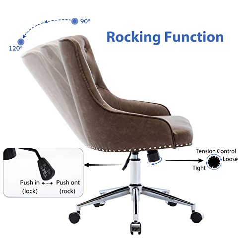 Dolonm Desk Chair Accent Swivel Office Chair with Wheels Upholstered Vanity Task Chair Mid-Back Height Adjustable Modern Tufted Rolling Chair for Home Office Bedroom Living Room (Brown-PU Leather) | The Storepaperoomates Retail Market - Fast Affordable Shopping