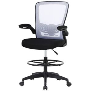 Drafting Chair Tall Office Chair Mid-Back Mesh Ergonomic Computer Chair High Adjustable Standing Desk Chair with Lumbar Support Adjustable Foot Ring and Flip-Up Arms (White)