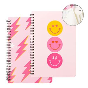 2 A5 Preppy Spiral Notebooks for Kids Teens, Y2K Hardbound Spiral Journal for Student Happy Smile Hardcover Notebook, Pink Wire Bound Spiral Notebook Friends Gift Notepad Diary for School Office Work