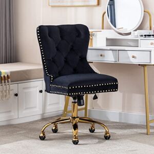 Guyou Black and Gold Vanity Chair Upholstered Velvet Home Office Desk Chair Swivel Desk Chair with Tufted Buttons for Bedroom (Black)