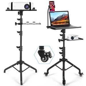 Projector Tripod Stand with 2 Shelves, Laptop Tripod on Wheels, Portable Projector Floor Stand Adjustable Height 25.9 to 51.8 Inch with Phone Holder