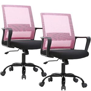 Set of 2 Mesh Office Desk Chair Ergonomic Computer Chair with Comfy Lumbar Support Adjustable Mid-Back Task Chair Rolling Swivel Chair with Arms,Pink