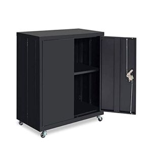 GREATMEET Metal Storage Cabinet with 2 Doors and 1 Adjustable Shelve,Steel Locking Storage Cabinet with Wheels for Home Office,Black 26.1″ W x 13.78″ D x 31.5″ H