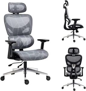 Ergonomic Office Chair, Home Desk Chair, Comfy Breathable Mesh Chair, High Back Thick Cushion Computer Chair with Headrest and 3D Armrests, Adjustable Height Home Gaming Chair (Grey)