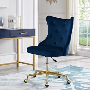 24KF Upholstered Tufted Button Velvet Office Chair with Golden Metal Base,Adjustable Height Swivel Office Chair -Navy Blue