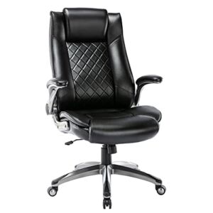 High Back Executive Office Chair 300lbs-Ergonomic Leather Computer Desk Chair with Flip-up Armrest, Thick Bonded Leather Office Chair for Comfort and Lumbar Support, Adjustable Rock Back Tension-Black