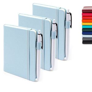 3 Pack Pocket Notebook Journals with 3 Black Pens, Feela A6 Mini Cute Small Journal Notebook Bulk Hardcover College Ruled Notepad with Pen Holder for Office School Supplies, 3.5”x 5.5”, Light Blue