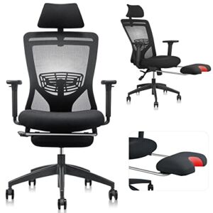 LMIKAF Ergonomic Office Chair with Footrest Support, High Back Desk Chair with 5D Padded Armrest, Lumbar Support, Thick Seat Cushion and Adjustable Headrest – 135° Rocking Mesh Computer Chair