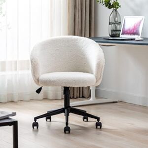 SSLine Faux Fur Vanity Chair Elegant White Furry Makeup Desk Chairs for Girls Women Modern Comfy Fluffy Arm Chair Stool with Wheels &Tilt Back in Bedroom Living Room