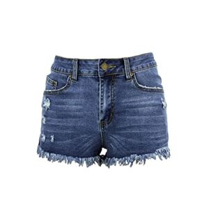 Women’s Fringed Denim Shorts High Waisted Ripped Raw Hem Jean Short Frayed Holes Summer Casual Super Short Pants (Dark Blue,Large)