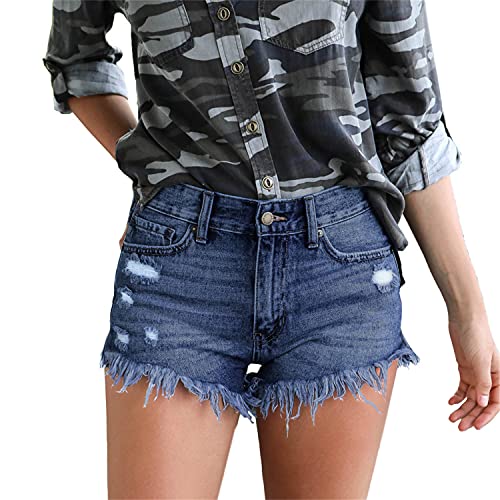 Women’s Fringed Denim Shorts High Waisted Ripped Raw Hem Jean Short Frayed Holes Summer Casual Super Short Pants (Dark Blue,Large) | The Storepaperoomates Retail Market - Fast Affordable Shopping