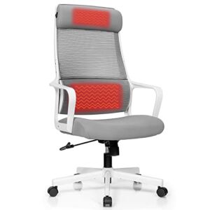 Giantex High Back Mesh Office Chair with Heating Headrest and Lumbar Support Armrest, Ergonomic Computer Desk Chair, Executive Task Chair, Swivel Home Office Chair, Adjustable Height (Gray & White)