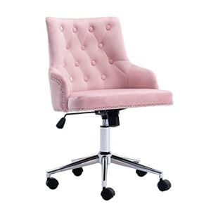 Home Office Chair Swivel Accent Armchair Velvet Upholstered Tufted Chairs Mid Back Ergonomic Study Task Seat Morden Computer Desk Stools w/Nailhead Trim for Living Room Bedroom (Pink)