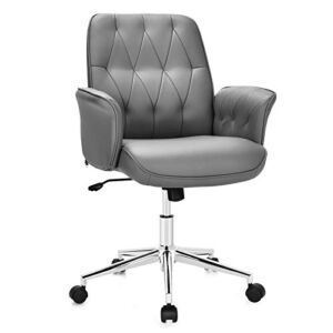 POWERSTONE Modern Office Chair Upholstered Desk Chair with Armrest Swivel Adjustable Computer Desk Chair Mid-Back PU Leather Task Chair for Home Office Bedroom Vanity Grey
