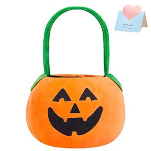 HappySpot Halloween Pumpkin Plush Bucket with Handle, Trick or Treat Candy Basket Bag, Goodies Baskets for Party Favor Supplies , Kids Gifts Bags for Festival