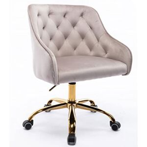 Goujxcy Home Office Desk Chair, Modern Mid-Back Upholstered Tufted Velvet Computer Desk Chair Swivel Adjustable Accent Armchair Executive Chair with Soft Seat for Working or Studying (Beige1)