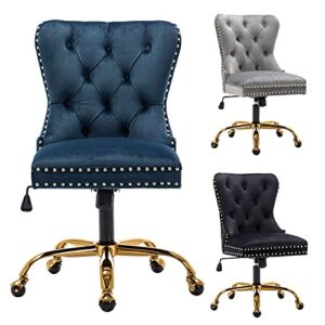 ZHENGHAO Upholstered Tufted Accent Office Desk Chair, Adjustable Armless Task Chair Velvet Vanity Chair with Gold Swivel Base for Makeup Living Room Bedroom, Navy Blue
