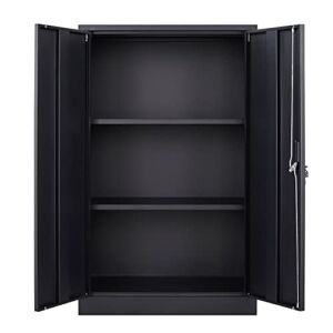 GREATMEET Metal Storage Cabinet with Locking Doors, Steel Storage Cabinet with 2 Doors and Shelves, Black Metal Cabinet with Lock, Metal Storage Cabinet for Home,Office,Garage,Pantry,Laundry,Black