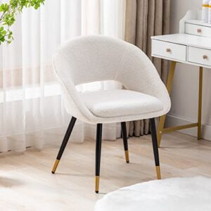 SSLine Faux Fur Vanity Chair Elegant White Furry Makeup Desk Chairs for Girls Women Modern Comfy Fluffy Arm Chair with Black Gold Metal Legs in Bedroom Living Room(1 Pack)