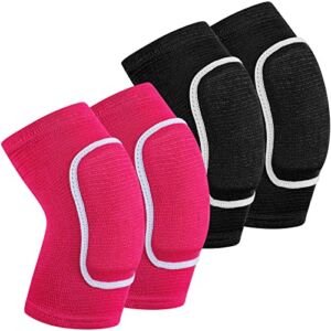 2 Pair Elbow Pads Volleyball Breathable Protective Support Gel Pad Elbow Brace Arm Compression Elbow Pads Volleyball Elbow Pads for Teen Girls Boys Basketball Football Skating (Black, Rose Red)