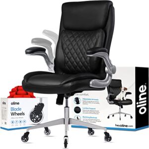 Oline Ergonomic Executive Office Chair – Rolling Home Desk PU Leather Chair with Adjustable Armrests, 3D Lumbar Support and Blade Wheels – Computer Gaming Swivel Chairs (Black)