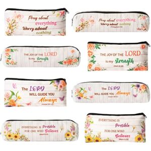 8 Pieces Inspirational Quote Bible Verse Pencil Pouch, Christian Floral Bible Pencil Case Gift Canvas Cosmetic Bags with Zipper, Student Study Journaling Supplies School Office Stationery Bags