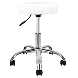Simple Deluxe Round Rolling Stool Chair with Wheels Height Adjustable, Swivel Stool for Tatoo Lab Massage Salon Spa Bar Office, Thick Seat Padding 14 inches, White