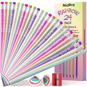 Nicpro 24PCS Pencils #2, HB Rainbow Colored Paper Pencils, Pre-Sharpened Wood-Cased Cute Pencils, Anti-Break Graphite Pencil with Eraser for Student Writing Drawing Drafting Sketching School Supplies