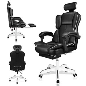 Smilvy Executive Office Chair High Back Computer Big Tall Office Chair Leather Swivel Chair with Footrest, Adjustable Height Reclining Chair with Wrap Padded Backrest and Cushion (Black) (YZ003-6)