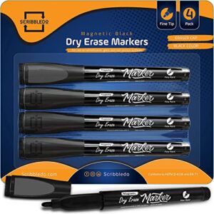 SCRIBBLEDO Magnetic Dry Erase Markers – Pack of 4 Low Odor Black Dry Erase Markers with Eraser Cap – Fine Tip Dry Erase Board Markers for Adults, Students, Teachers, School & Office