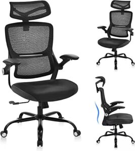 Office Chair Ergonomic Desk Chair – PU Leather Cushion Mesh High Back with Lumbar Support Computer Chair, Adjustable Flip Up Arms, Home Office Desk Chair