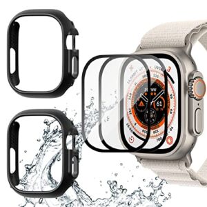 [2+2 Pack] BHARVEST for Apple Watch Ultra 49mm Screen Protector and Case, 2 Packs Hard PC Frame Cover with 2 Sets Tempered Glass Screen Protector for Apple Watch Ultra 49mm, Black+Black
