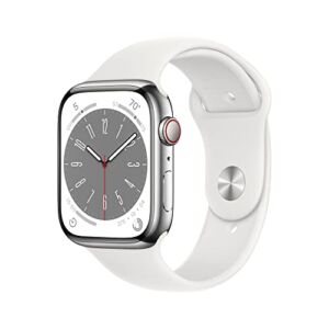 Apple Watch Series 8 [GPS + Cellular 45mm] Smart Watch w/ Silver Stainless Steel Case with White Sport Band – S/M. Fitness Tracker, Blood Oxygen & ECG Apps, Always-On Retina Display, Water Resistant