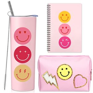 3 Pcs Pink Smile Face Gift Set Include 20 oz Preppy Stainless Steel Tumbler Preppy Spiral Notebooks Pu Leather Portable Waterproof Makeup Bag Cosmetic Bag Back to School Supplies for Women Girls Teen