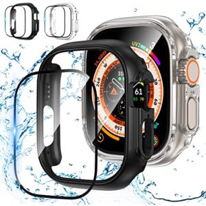 [2+2] Goton for Apple Watch Ultra Case 49mm + Apple Watch Ultra Screen Protector, Anti-Fog Tempered Glass Flim + Hard PC Edge Protector Bumper Cover for iWatch Ultra Accessories 49mm Clear+Black