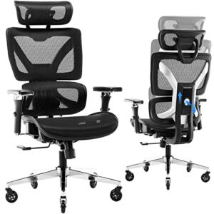 Multifunctional Big and Tall Mesh Office Chair – Adjustable Backrest Height, 4D Arms, Lumbar Support, Headrest and Tilt Angle – Metal Base Quiet Rubber Wheels Ergonomic High Back Computer Desk Chair