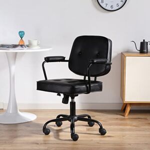 Desk Chair Mid Back PU Leather Office Task Chair with Armrests Computer Chair Adjustable Height/Tilt Swivel for Home Workstation Black