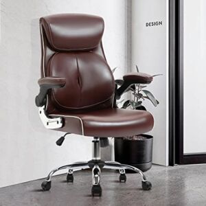 YAMASORO Ergonomic Executive Office Chair- High Back Home Computer Desk Chair with Padded Flip-up Arms, Swivel Rolling Leather Chair for Adult, Dark-Brown