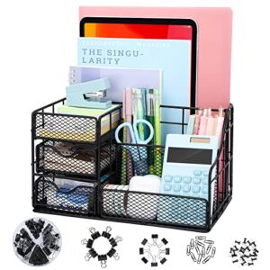 DEZZIE Desk Organizers and Accessories, Mesh Desk Organizer with 2 Sliding Drawers, Office Supplies and Organizers with 7 Compartments + 72 Clips Set, Black Desktop Organizer for Home, School,Office