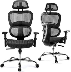 High Back Ergonomic Office Chair, Modern Computer Desk Executive Mesh Chair with Adjustable Relining Back, Adjustable Headrest and 4D Armrests, Lumbar Support for Home,Gaming,Study-Black
