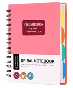 4 Subject Spiral Notebook with Dividers Wide Ruled 240 Pages Spiral Bound Notebook with Tabs Lined Notebooks for Work College Students Writing Journal School Office Supplies, 6.3″x 8.3″, Pink