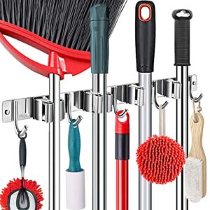 Piyl Broom Holder Wall Mount Garden Tool Organizer,Mop Hanger Wall Mounted Garage Storage,Kitchen,Laundry Utility Rack With 5 Clips and 6 Hooks-Metal Wall Holder For Broom, Rake,Mop Handles Up To 3/4”