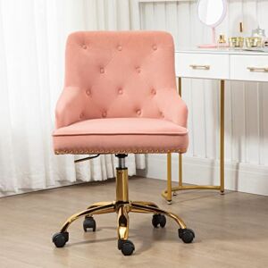 Goujxcy Cute Desk Chair, Modern Velvet Vanity Makeup Chair with Nailhead Trim, 360° Swivel Height Adjustable Tufted Accent Chair Rolling Chair for Home Office Bedroom Living Room (Pink)