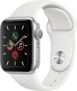Apple Watch Series 5 (GPS, 44MM) – Silver Aluminum Case with White Sport Band (Renewed Premium)