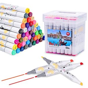 Alcohol Markers, Alcohol Markers Brush Tip Coloring Set, 48 Colors Double Tipped markers Pens for Artist Adults Drawing Sketching Illustration, Perfect Toy Christmas Gift for toddlers kids Ages 3-12