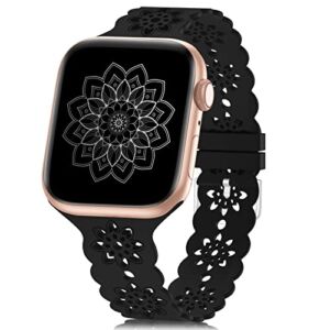 Floral Silicone Band Compatible with Apple Watch Bands 38mm 40mm 42mm 44mm 41mm 45mm 49mm Women Men, Slim Hollow-Out Design Wristbands Soft Sport Breathable Watch Bands for iWatch Ultra SE Series 8/7/6/5/4/3/2/1