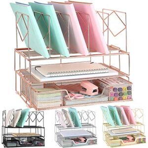 gianotter Desk Organizers and Accessories, Office Supplies Desk Organizer with Sliding Drawer, Double Tray and 5 Upright Section ​File Sorter Organizer (Rose Gold)