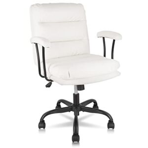 KLASIKA Ergonomic Office Chair for Heavy People, Desk Chairs with Wheels and Arms, Faux Leather Computer Chair for Home Bedroom Office, White Chair Black Caster