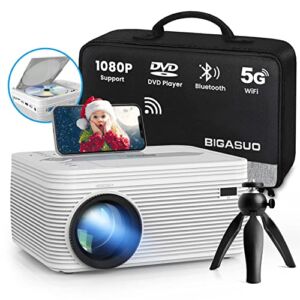 HD WiFi Projector with DVD Player – BIGASUO 1080P Supported Home Projector with Bluetooth & Zoom, Portable Outdoor Movie Projector with Carry Bag & Tripod Compatible with Phone/Laptop/PC/PS4/TV Stick