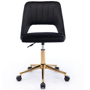 ZHENGHAO Modern Armless Velvet Desk Chair Vanity Stool for Teen Girls, Hollow Back Task Chair Study Chair Sewing Chair with Gold Base for Home Office/Bedroom/Living Room (Black)